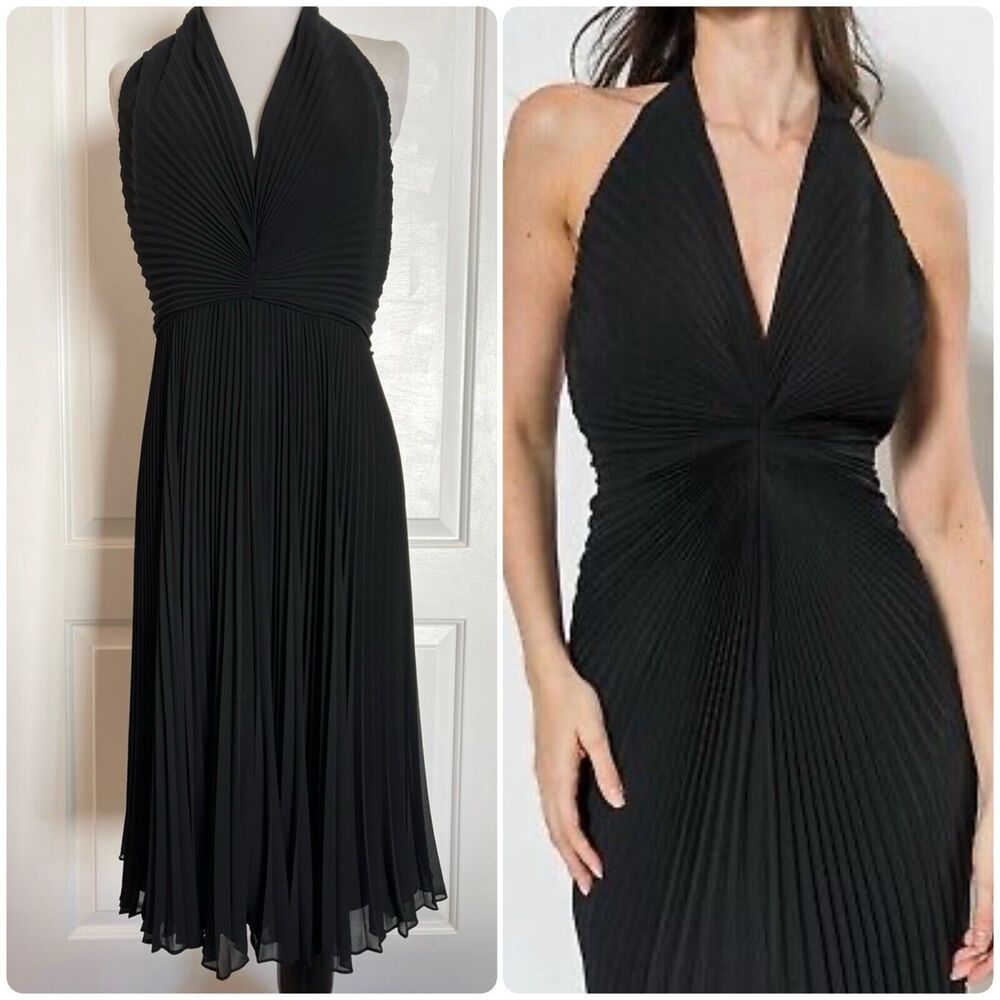 $695 Carmen Marc Valvo Black Silk Pleated 1990s Vintage Halter Designer Dress 10